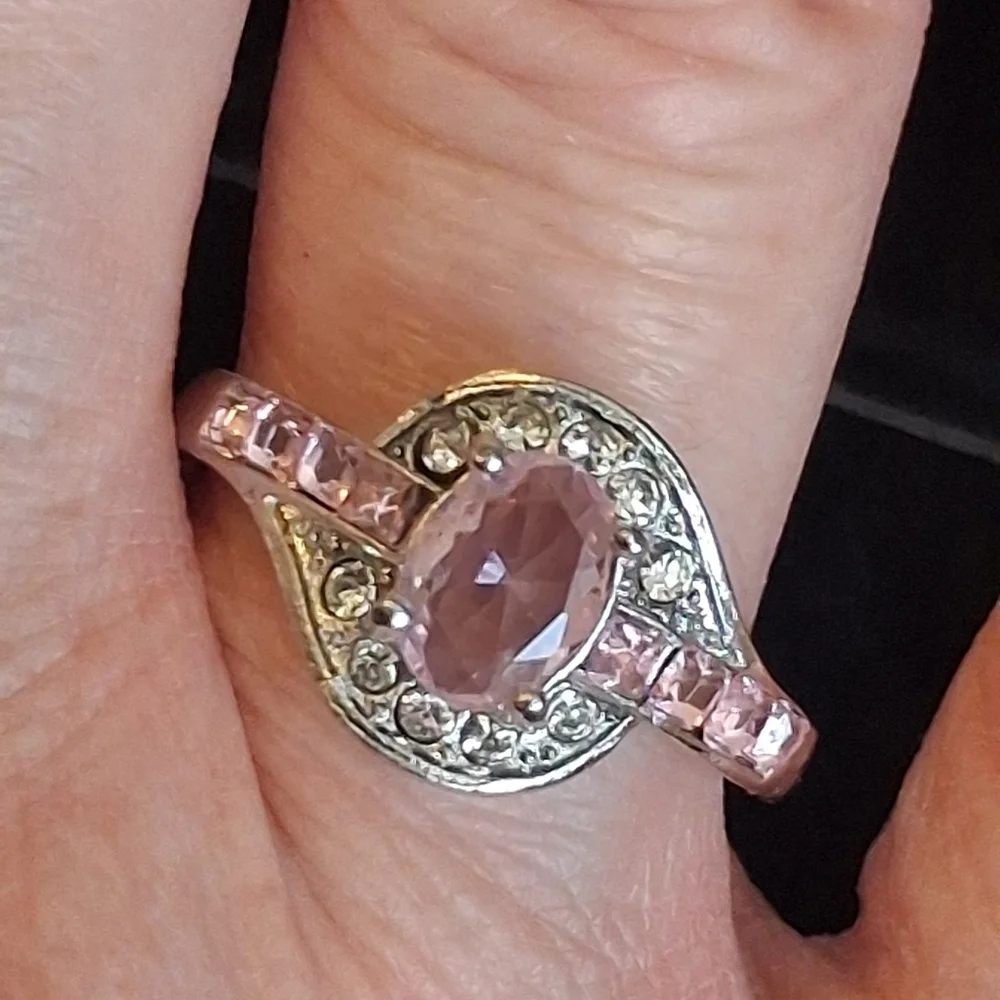 Silvertone Women's Ring With Pink And Clear Faux Diamonds Size 11 1/4
